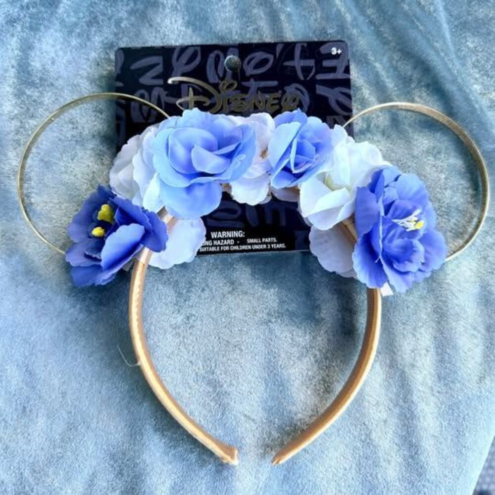 Disney Minnie Mouse Floral Ear Headband Gold Blue White New